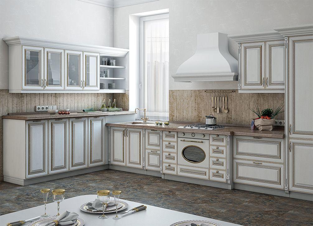 Кухня Олимпия из массива ясеня белоснежный с коричневой патиной